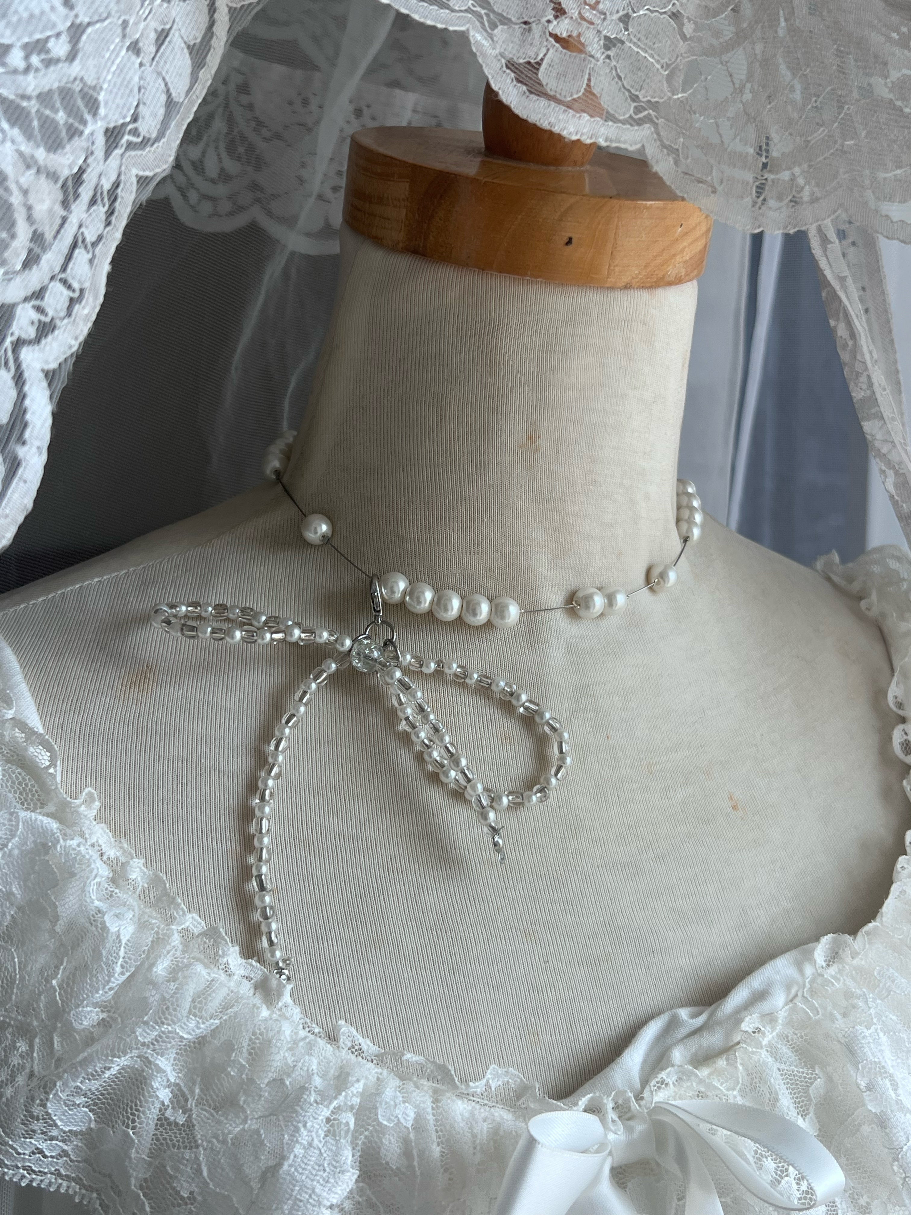 ˚Delicate pearly choker with attachable bow ˚˖𓍢ִ໋🦢˚