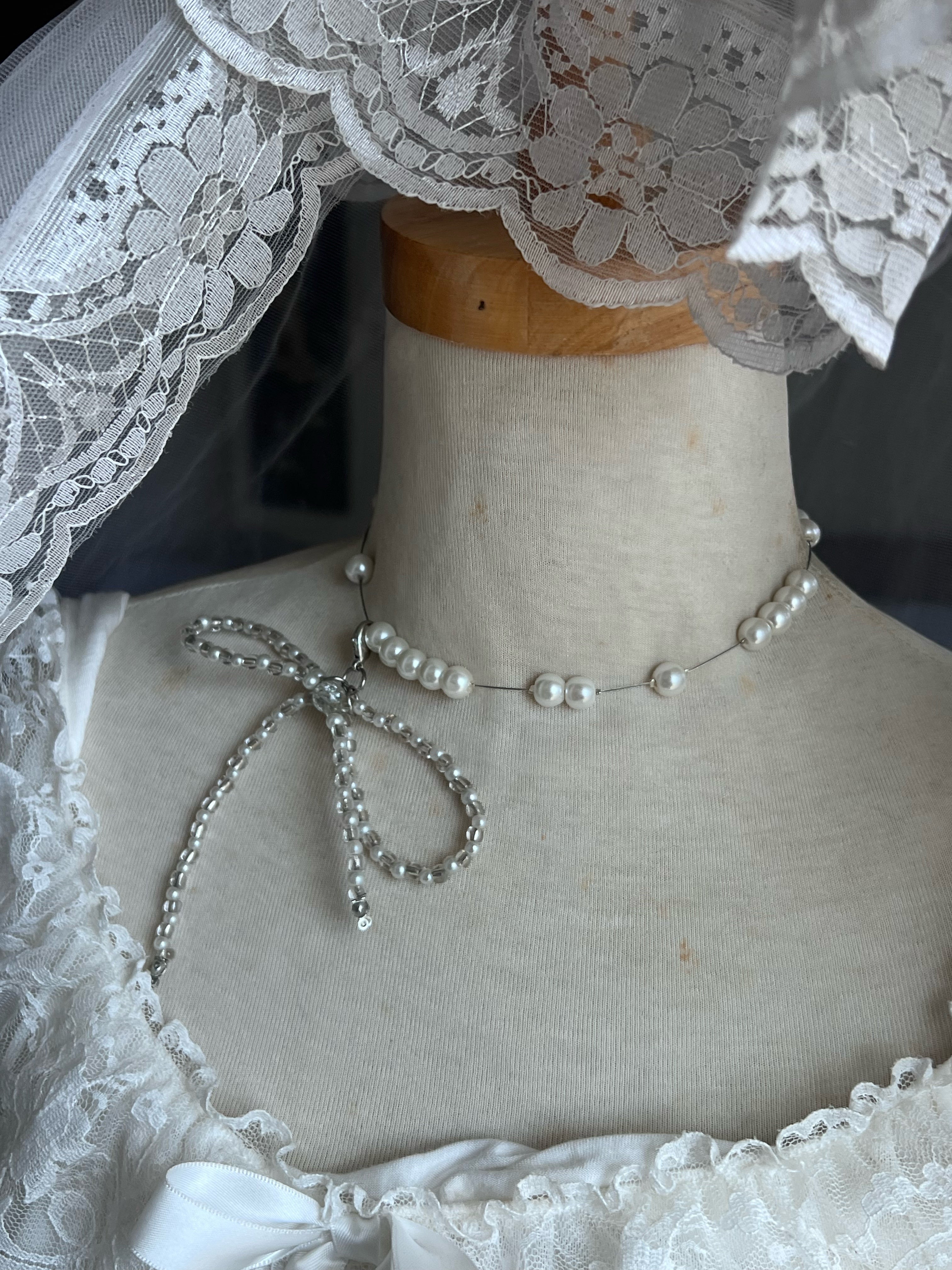 ˚Delicate pearly choker with attachable bow ˚˖𓍢ִ໋🦢˚